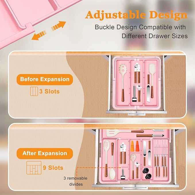 Homecor Utensil Drawer Organizer for Kitchen, Expandable Silverware Organizer Cooking Utensils Tray, Large Cutlery and Flatware Holder, Kitchen Tools & Gadgets Storage (Pink)