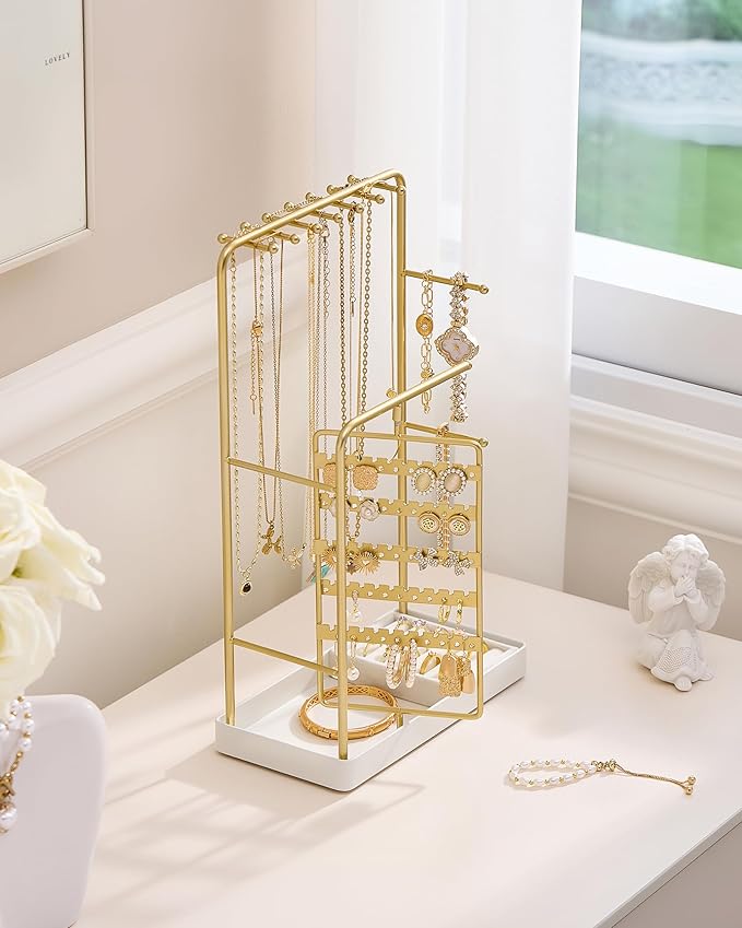ProCase Jewelry Stand Holder Organizer and Storage, Gold (No-Assembly) | Rotating Earring Bracelet Holder Storage, Hanging Jewelry Display Velvet Ring Tray, Teen Girls Birthday Gifts Room Dorm Decor