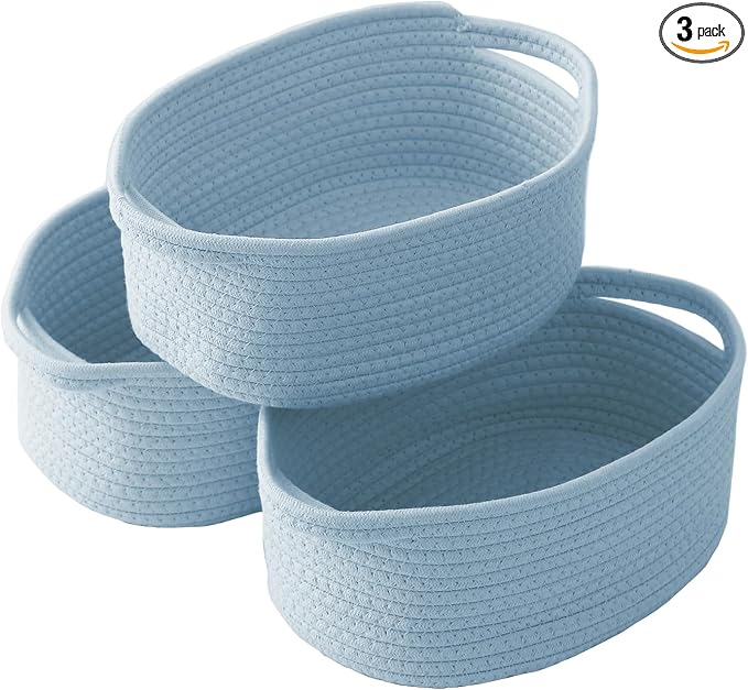 JMvicyroam Woven Basket,Small Rope Storage Bin with Handles & Ribbon Bag, Organizer for Shelves Closets,Gift Basket Empty for Birthday,Books,Dog Toys, Blue/3 Pack