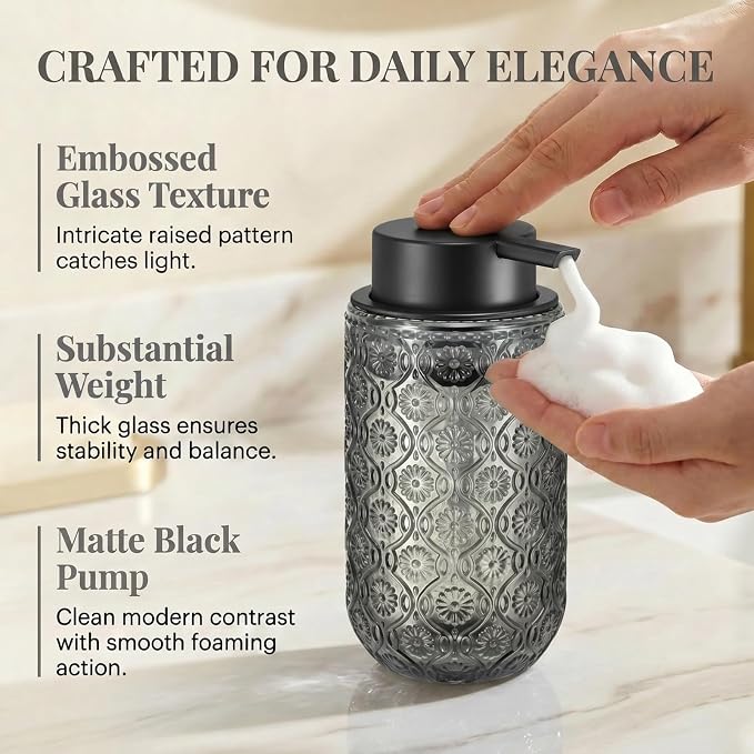 Gray Glass Foaming Hand Soap Dispenser with Matte Black Pump Thick Embossed Bottle Refillable for Bathroom and Kitchen Decor 13.5 oz