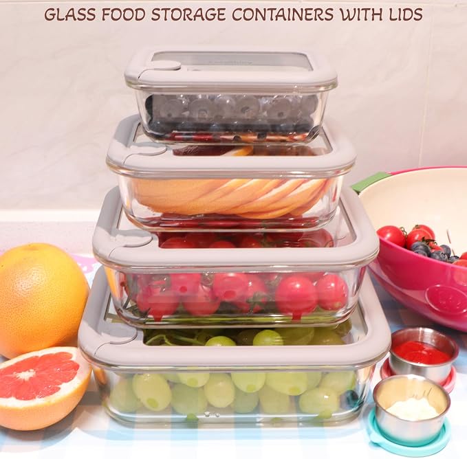Glass Food Storage Containers with Silicone Glass Lids, Stainless Steel Salad Dressing Containers, LeakProof Food Containers Set, 4-pack 12-21-35-50 oz（Grey）