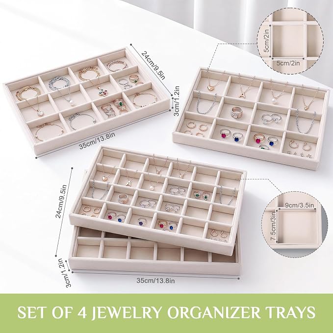 Unittype Set of 4 Stackable Jewelry Organizer Tray for Drawer Inserts Velvet Necklace Earring Bracelet Ring Holder Jewelry Display Storage Box for Bangle Stud Necklace Ring(24+12 Grid,Beige)