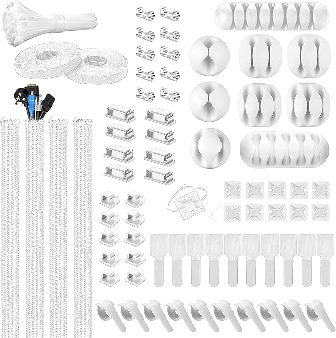 Cable Management Kit - 4 Cable Sleeve, 28 Self Adhesive Cable Clips, 29 Cord Holders, 10+2 Roll Cable Organizer Straps and 100 Fastening Cable Ties for TV Computer Under Desk (White)