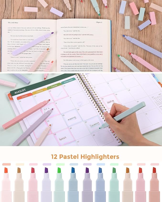 SKYDUE Cute School Supplies 38 PCS, Pencil Case with 12 Pastel Highlighters, 5 Black Gel Pens, Mechanical Pencils, College Essentials Students Stationary Set Black