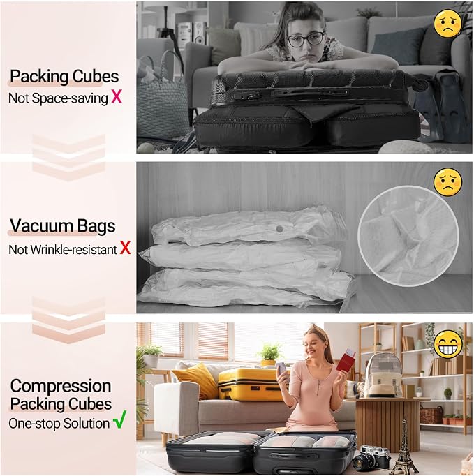 OlarHike 8 Set Compression Packing Cubes for Travel Gifts Mom Women,Airplane/Cruise/Car Travel Essentials,Compressible Expandable Space Saver Bags,Garment Bags with Over 1000 pcs Mesh Holes(Beige)