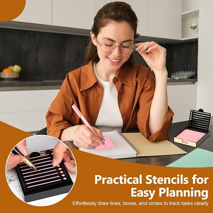 3" x 3" Sticky Notes Stencil and Holder Set with 5 Planner Stencils 100 Sheet Self-Stick Sticky Notes Black Acrylic Post It Note Stencil Holder Memo Organizer for Classroom Office Desk Organiz