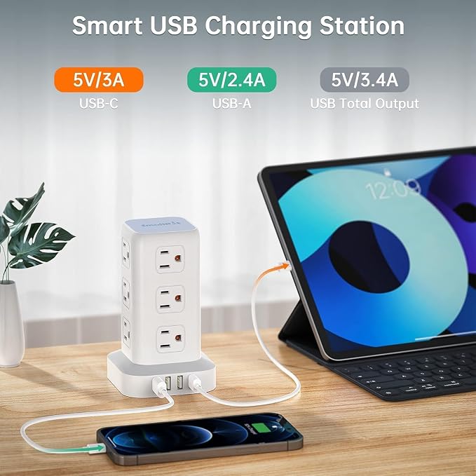Power Strip with 12 Outlets 4 USB (1 USB C), 10Feet Extension Cord with Multiple Outlets, Charging Station, Power Strip Tower, Home Office Desk Supplies