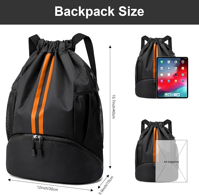 Hoedia Sports Drawstring Backpack - Swim Gym Bag for Women and Men | String Bag with Shoes Compartment and Wet Proof Pocket, Adjustable Wider Shoulder Strap, For Soccer, Basketabll, Volleyball
