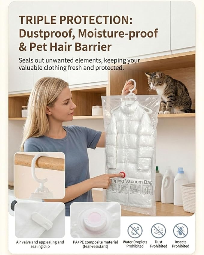 5 Pack Hanging Vacuum Storage Bags, Sealer Bags for Clothing Compression Suits and Jackets Travel and Home Organization Reusable Space Saver Three Sizes Large Medium and Small