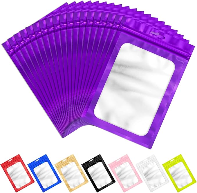 100 PCS Resealable Mylar Bags with Zipper and Frosted Clear Window Packaging Bags Foil Pouch Zipper Bag for Food Self Sealing Storage Supplies (Purple, 4.72x7.1)