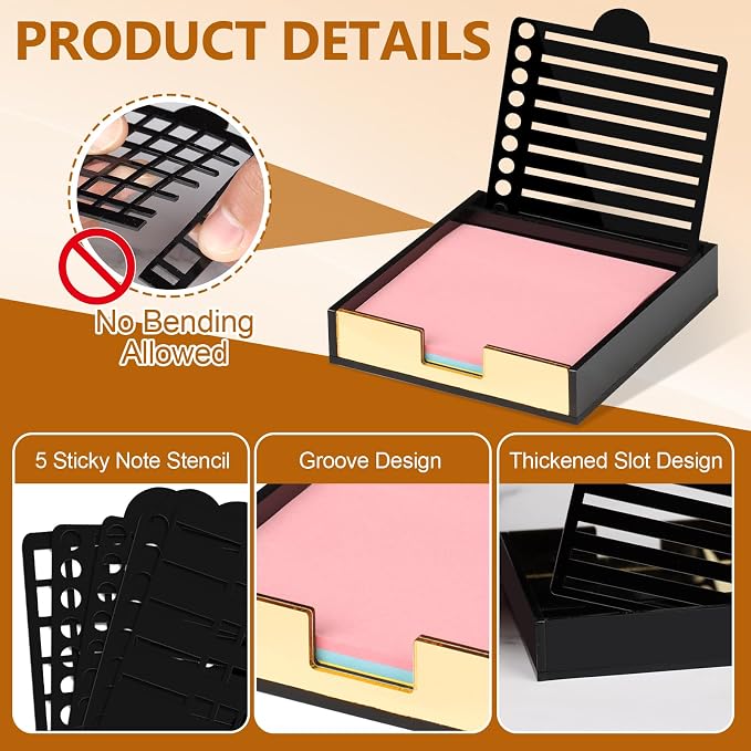 3" x 3" Sticky Notes Stencil and Holder Set with 5 Planner Stencils 100 Sheet Self-Stick Sticky Notes Black Acrylic Post It Note Stencil Holder Memo Organizer for Classroom Office Desk Organiz