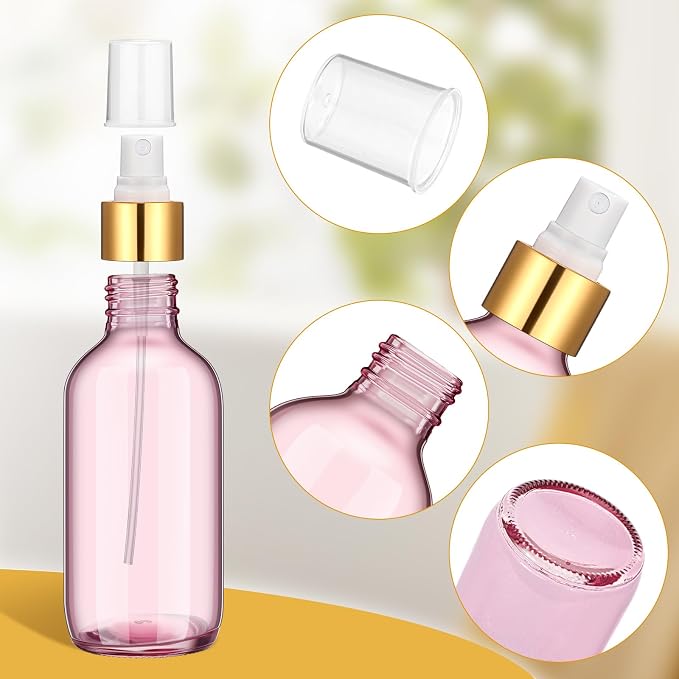 Maxcheck 50 Pieces 4oz Glass Spray Bottles for Essential Oil Small Empty Spray Mist Bottle Empty Fine Mist and Refillable Mister Refillable Liquid Containers for Perfumes, Cleaning(Pink, Gold)