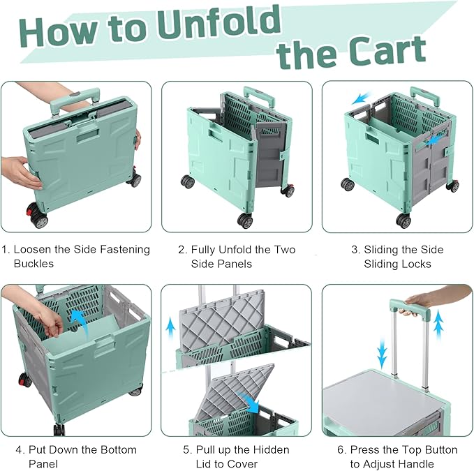 FELICON Folding Utility Cart Portable Rolling Crate Handcart with Durable Heavy Duty Plastic Telescoping Handle Collapsible Hidden Lid 4 Rotate Wheels for Travel Shop Move Office Teacher(Green&Gray)