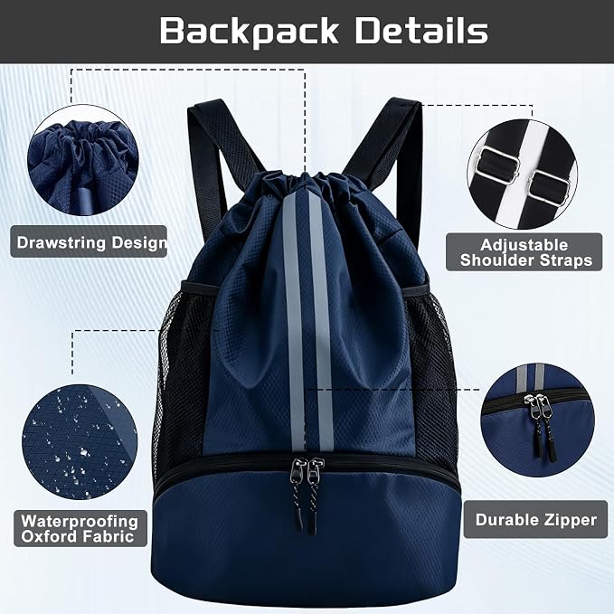 Navy Blue Sports Drawstring Backpack with Shoes Compartment, String Gym Bag with Wet Proof Pocket for Basketball, Soccer, Swim, Sport Bag for Men and Women
