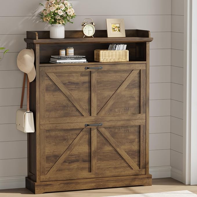 Shoe Cabinet with 2 Flip Drawers, Farmhouse Narrow Shoe Cabinet Organizer with Double-Layer Top, Freestanding entryway organizer with adjustable shelves and hooks, for, Foyer, Hallway, Brown