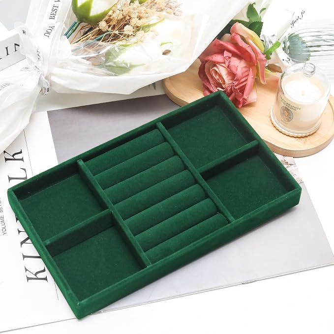 Velvet Jewelry Trays for Drawers, Dark Green Stackable Jewelry Drawer Organizer Inserts, Ring Earring Necklace Bracelet Holder Organizer Storage Display Tray with Removable Dividers, 2-in-1