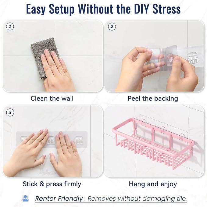 8 Pack Adhesive Rustproof Shower Caddy with Soap Dishes, Toothbrush Holder & Hooks, Large Capacity No-Drilling Shower Shelves Rack for Bathroom Organizers and Storage Accessories, Pink