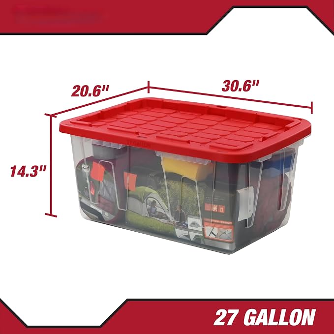 Pack of 4 Clear Storage Bins with Red Snap Lids, 27 Gallon Plastic Totes for Garage & Basement Organization, Stackable Storage Containers for Holiday Decor & Home Use