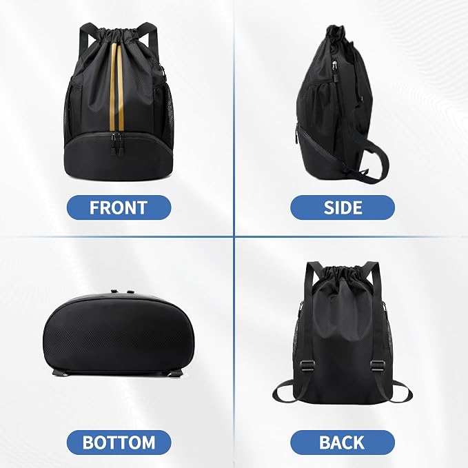 JELUTAR Drawstring Backpack Gym Bag with Shoes Compartment for Soccer, Basketball, Swim, Water-Resistant String Backpack Beach Cinch for Women Men, Black Gold