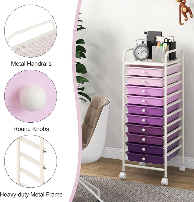 GOFLAME 10-Drawer Rolling Storage Drawer Cart, Utility Cart with Removable Drawers & Metal Frame, Mobile Art Craft Drawer Cart with Lockable Wheels for Home, Office, Studio, School, Purple Gradient