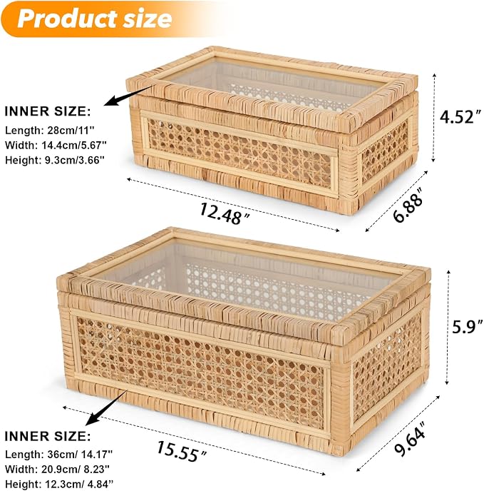Large Handwoven Boho Rattan Display Boxes with Glass Lids - Set of 2 Rectangular Decorative Storage Bins - Natural Woven Cane Home Decor Organizers (15.55" x 9.64" x 5.9" & 12.48" x 6.88" x 4.52")