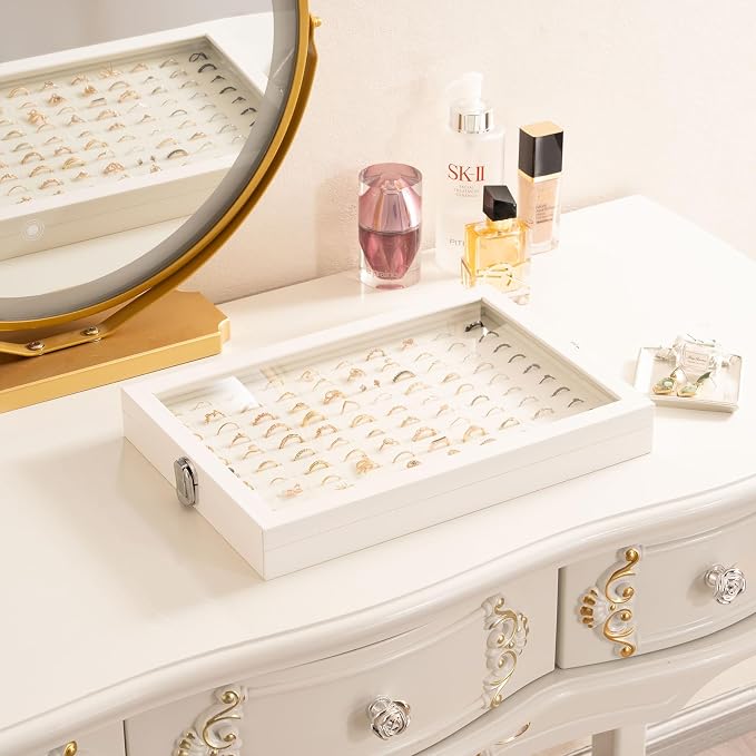 Lolalet Jewelry Organizer Tray with Lid, 100 Grids Velvet Ring Organizer Holder Storage Box for Drawer -Beige | Made of velvet cover, with lid, compact for drawers, 100 compartments for clear rings organiser