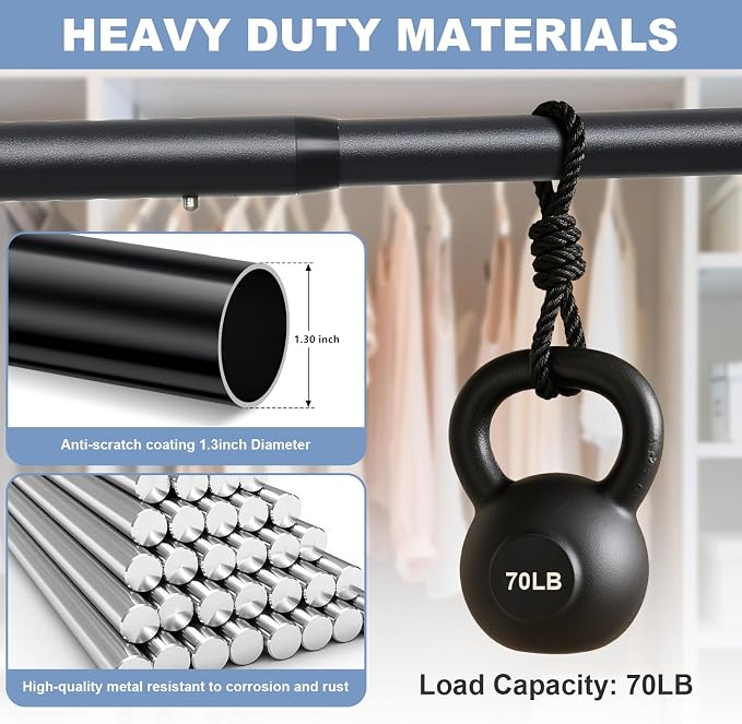 Closet Rods For Hanging Clothes,17-84 Inches Stepless Spring Adjustable Closet Rod With bracket U-shaped,1.3 Inches Heavy Duty Closet Hanging Rod For Wardrobe,Laundry room,Bathroom And Windows