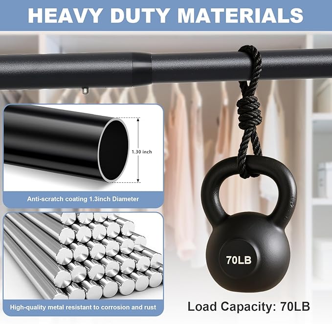 Closet Rods For Hanging Clothes,17-99 Inches Stepless Spring Adjustable Closet Rod With bracket U-shaped,1.3 Inches Heavy Duty Closet Hanging Rod For Wardrobe,Laundry room,Bathroom And Windows