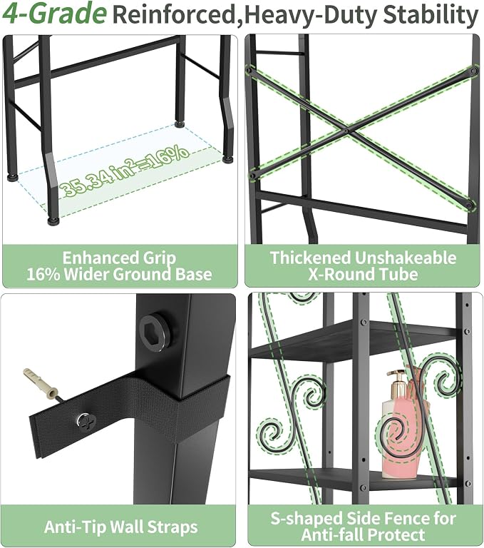 Over-The-Toilet Storage Rack 4-Tier,Bathroom Organizer Shelf Over Toilet,Adjustable Wooden Shelves and Basket,Freestanding Above Toilet Shelf,Space Saver for Rooms(Black Rack-Black Shelves)