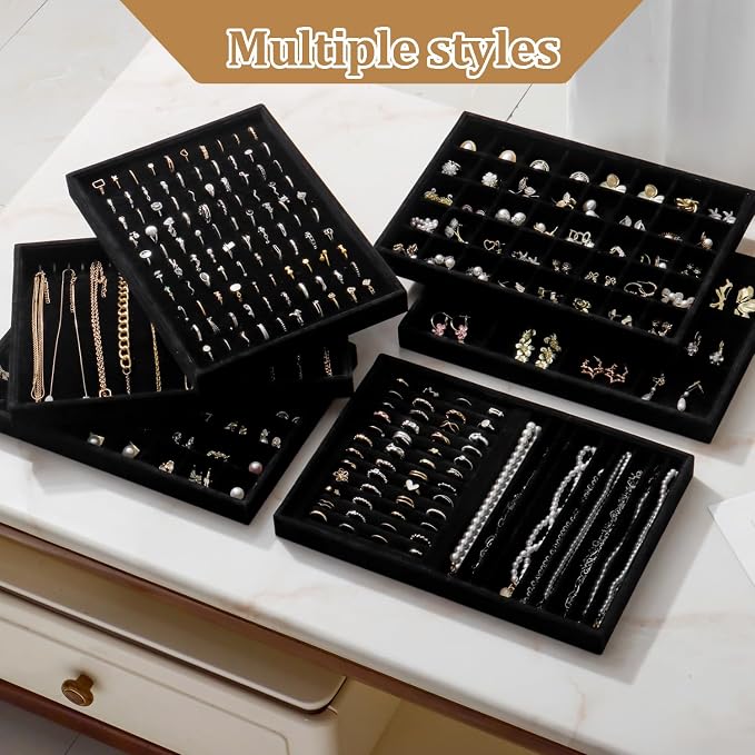 Large Stackable Jewelry Tray 4 Pack Velvet Jewelry Display Drawer Inserts Trays Organizer for Earring Bracelet Necklace Ring (Black, 48 Grids)