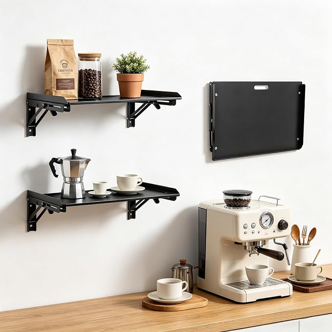 Folding Metal Floating Shelf, 16.9" x 11" Wall Mount Storage Rack with Lip, Heavy Duty Steel Fold Down Shelf for Garage, Kitchen, Bedroom, Office (Black)
