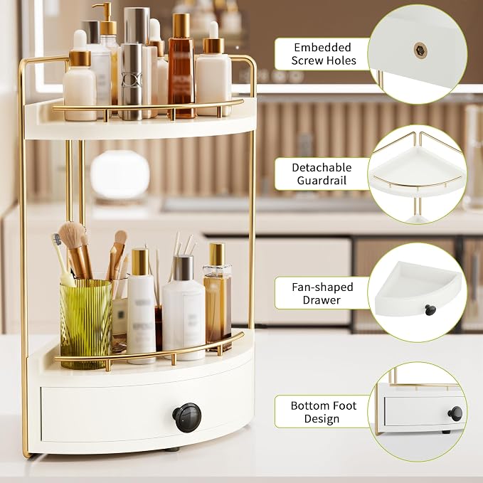 2-Tier Corner Bathroom Counter Organizer with Drawer, White Gold | Embedded Screw Holes, Wooden Countertop Organizers, Space-Saving, Bottom Ventilation Design, Counter Shelf for Vanity