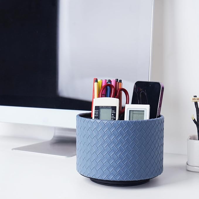 Round Leather Art Supply Organizer,Remote Control Holder,360 Degree Spinning,Multi-Functional Pencil Holder,4 Compartments Desktop Stationary Organizer(1-Weave Blue)