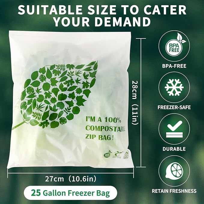Compostable Gallon Size Food Storage Bags Freezer and Leak Proof, (25 Eco Zip) Seal well for Fruit,Food and Vegetable Plant-Based BPA-free (50)