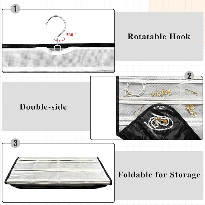 Hanging Jewelry Organizer, 80-Pocket Double-Sided, 2-Pack, Black and White | Foldable clear PVC 80-pocket storage; swivel hook fits walls, doors & rods to organize earrings, necklaces, bracelets & rings