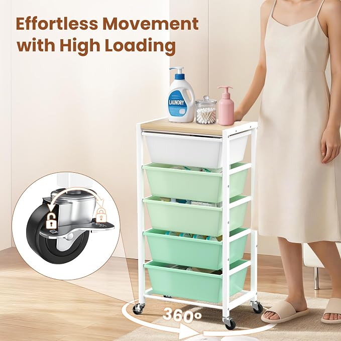 Rolling Cart with 5 Drawers, Plastic Drawer Storage Carts with Wheels & Wooden Tabletop, Metal Utility Cart for Office Bedroom Living Room Classroom, Craft Organization and Storage, Green