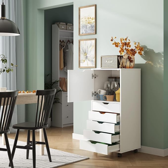 DEVAISE Wood File Drawers, Mobile Office Cabinet with 5 Drawer and 1 Door, Rolling Filing Drawer for Home Office, White
