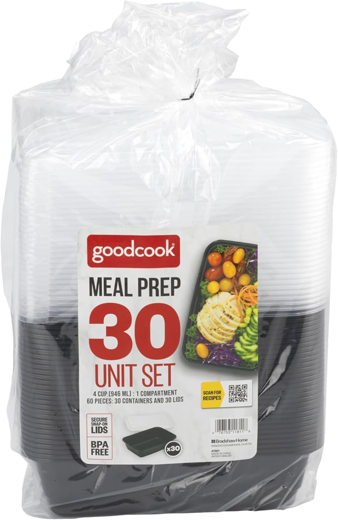 GoodCook Meal Prep Rectangle Single Compartment 30 units, Black, BPA Free (Pack of 2)