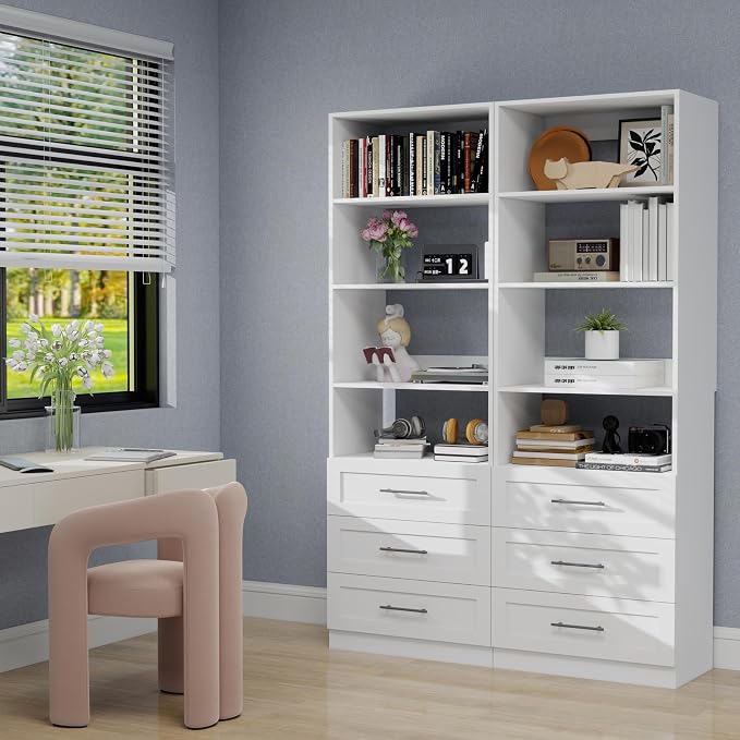 Closet System with Drawers, Wood Closet Organizer System with Adjustable Shelves and Extra Hanging Rod, 81"Tall Closet System for Small Closets, Modular Walk-in Closet System, White (4FT)