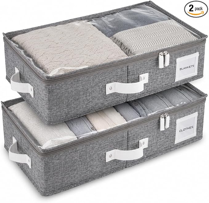 HOMELUX THEORY 2pc Under Bed Storage Containers, Bedroom Under the Bed Drawer Storage Organizer with Bins and Lids, Medium Underbed Clothes Storage Box Ideal for Blanket, Fabric, & Shoes (LightGray)