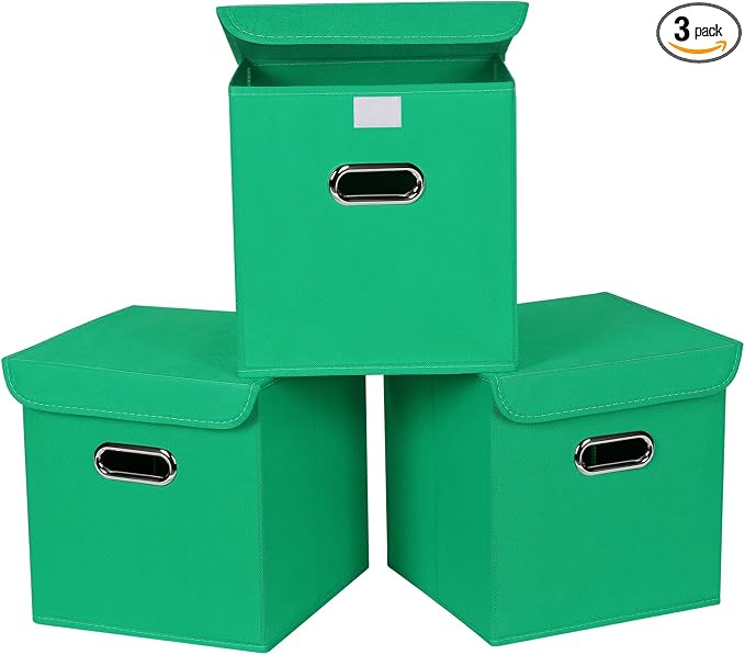 Closet Organizers Fabric Storage Bins With Lids Collapsible Cube Storages Organizer Basket With Handles,Storage Boxes for Clothes Storage,Office,Toys,3 Pack,（Green