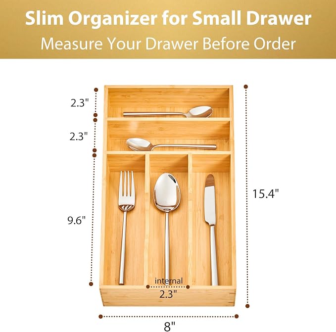 Umilife Bamboo Kitchen Drawer Organizer, 8 Inch Silverware Utensils Tray Holder for Small Drawer, Wood Caddy for Flatware Cutlery Knives