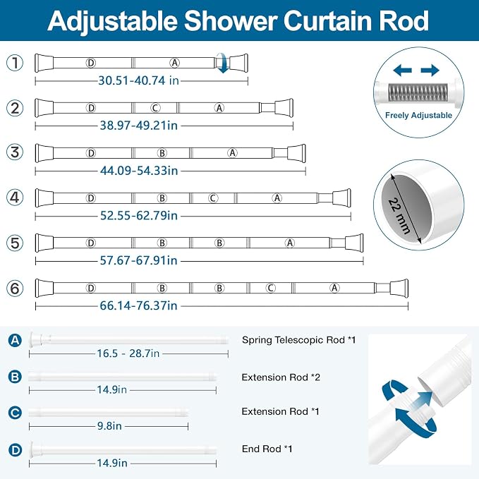 1Pack Tension Rods 31-76 Inch, Spring Loaded Curtain Rods Non-slip, Expandable Curtain Rod Tension No Drilling, Curtain Tension Rod For Window, Doorway, Kitchen, Tension Curtain Rod White