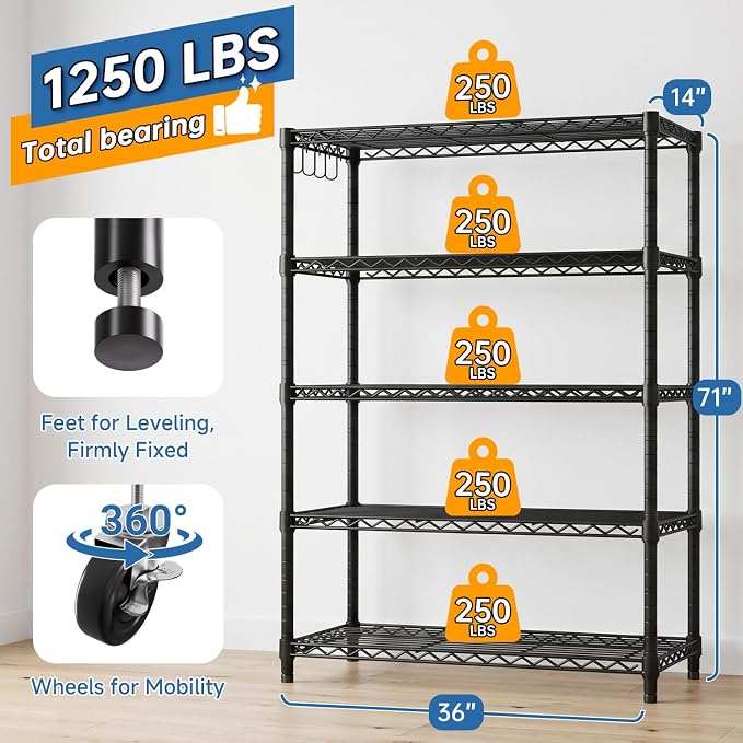 5 Tier Storage Shelves 74" H Wire Shelving Adjustable Metal Shelving,1250LBS Pantry Shelves Sturdy Steel Wire Shelf for Kitchen Commercial Pantry Garage Warehouse,74" H X36 W X14 D, Black