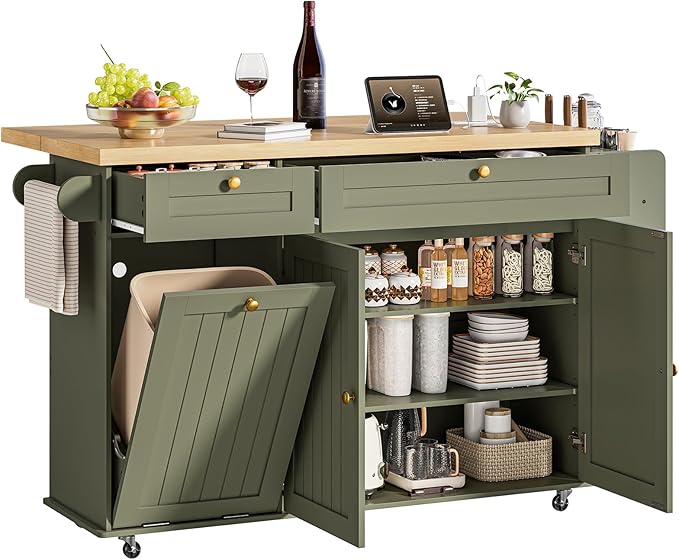 ONBRILL 60" Kitchen Island with Power Outlet & Drop Leaf, Rolling Island with Spice Rack & Towel Rack, Kitchen Island Cart with Trash Storage Cabinet, Island Table for Kitchen, Green