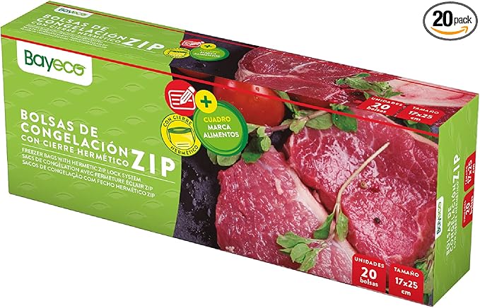 Small Freezer Bags - Airtight Zip Closure - Easily Preserve Your Food - Convenient Dispenser - 20 Units, Blue, 17 x 25 cm
