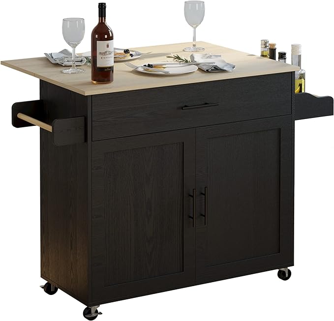 IRONCK Rolling Kitchen Island Cart with Drop-Leaf and Wine Rack, Black | Wheels, Drawers, Open Shelves, Adjustable Shelves, and Spacious Drawer Storage