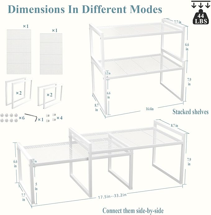 Set of 2 Cabinet Organizers 16.6''W 44 LBS Load Capacity Heavy Duty Kitchen Pantry Shelves Counter Countertop Storage Racks