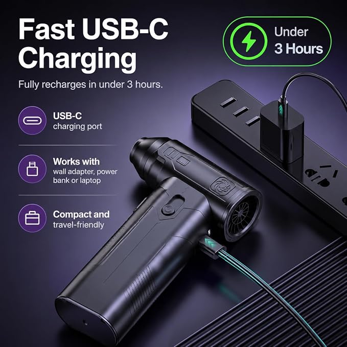 Compressed Air Duster, Powerful Cordless Electric Air Blowe | Electric Air Duster for Computer, Camera, Car Detailing – 3-Speed Adjustable, USB-C Fast Charging