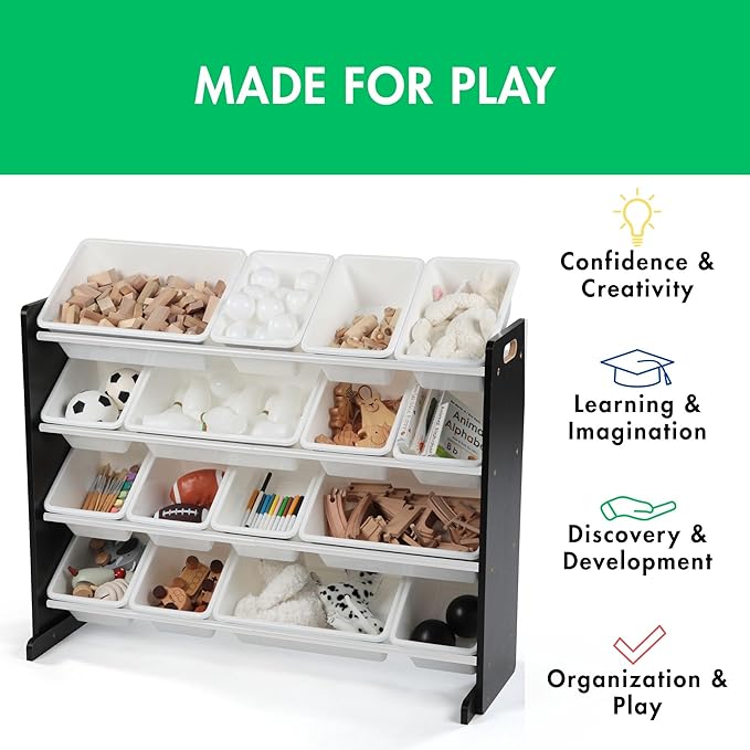 Humble Crew Toy Storage Organizer with 16 Removable Storage Bins for Kids Playroom, 4-Tier Toddler Toy Organization and Storage, Espresso/White